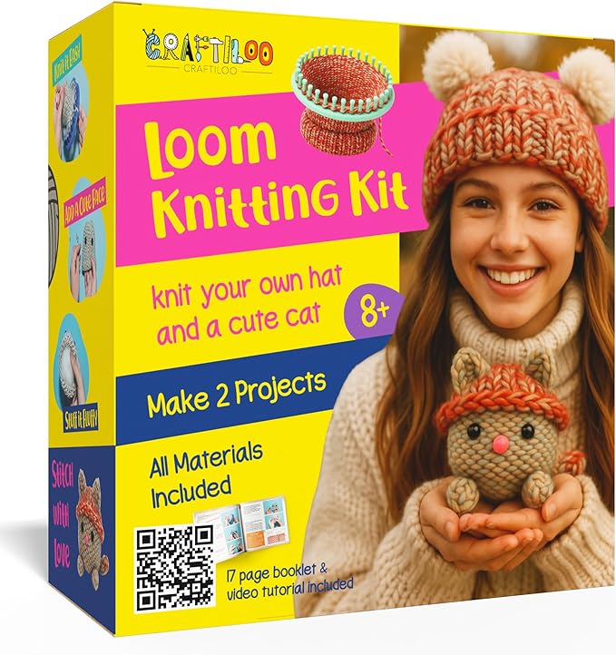 craftiloo knitting kit for kids – beginner knitting kit to make a hat & cat – quick knit loom kit with yarn, tools & instructions