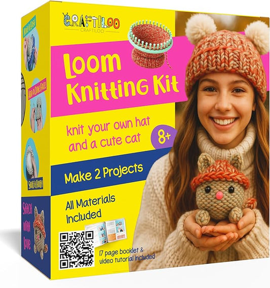 craftiloo knitting kit for kids – beginner knitting kit to make a hat & cat – quick knit loom kit with yarn, tools & instructions