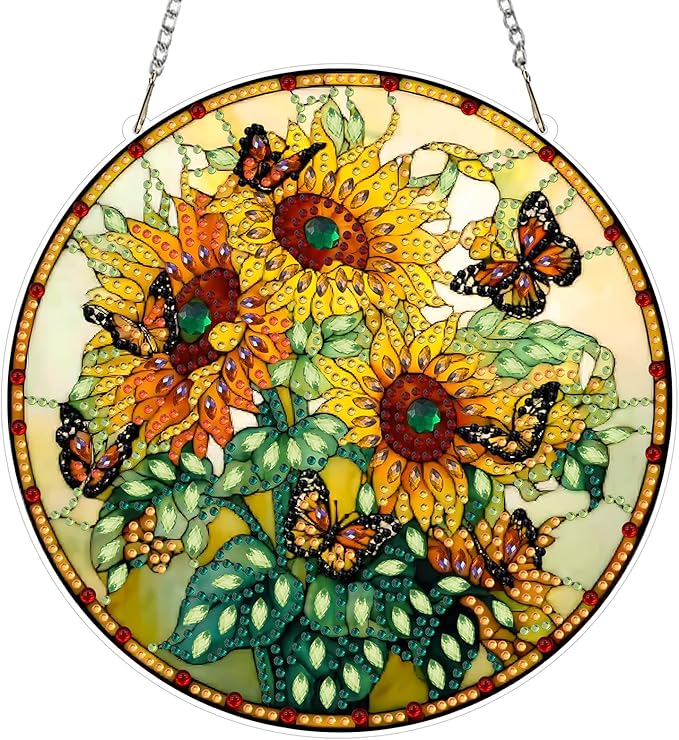 EOBROMD Diamond Hanging Art Kits for Adults, Sunflower Suncatcher Diamond Art Painting, DIY Special Shaped Rhinestone Kits for Adults, Window Pendants Home Garden Wall Hanging Ornament