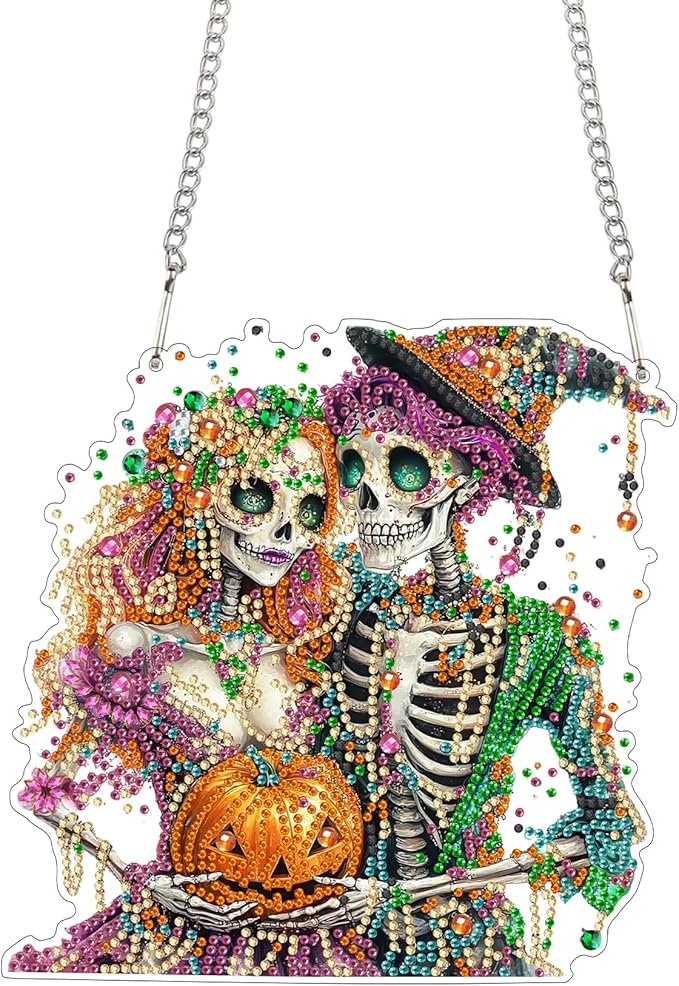 Bimkole Skull Diamond Art Hanging Kit for Adult, DIY 5D Diamond Art Halloween Window Pendant, Acrylic Crystal Art Hanging Ornament Home Wall Garden Front Door Sign Outdoor Decor 7.8x7.8 Inch