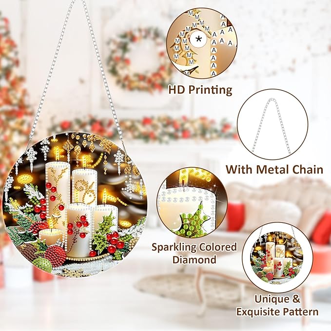 SENQAO Christmas Diamond Art Hanging Kits for Adults Kids, Christmas Candles Diamond Art Suncatchers, 5D Special Shape Diamond Painting Pendant Window Ornament Gifts for Home Door Wall Decor