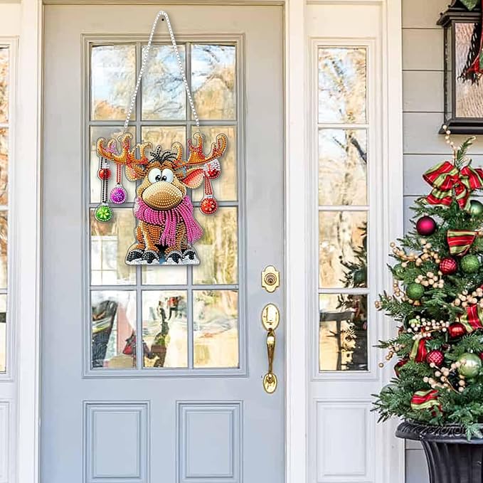 KEYIFA Christmas Diamond Painting Kit, DIY Reindeer Diamond Art for Adults, Diamonds Painting Pendant Special Shaped Rhinestone Window Hanging Ornaments Home Garden Wall Door Decoration, 20cm Width