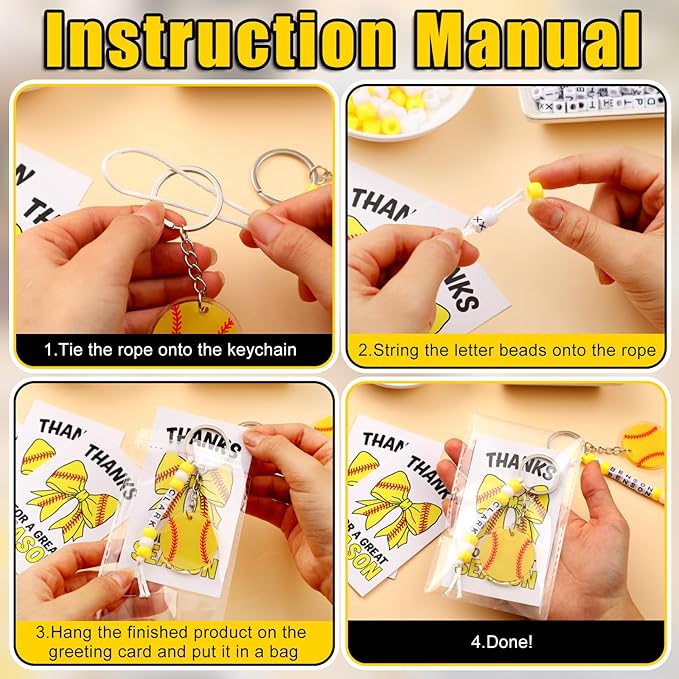Suncalla 984 Pcs 24 Set Softball Keychain Making Kit DIY Ball Bag Tag Softball Party Favors Accessories Sport Key Chain Crafts Adjustable Name Beads Cards Strings Kit Senior Team Night Graduation Gift