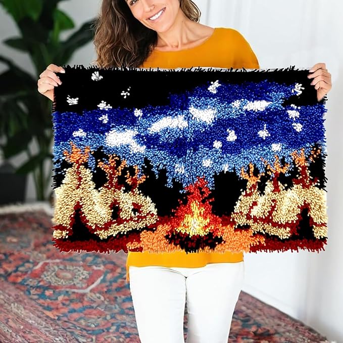 Campfire Night Latch Hook Kit –Cozy Tent Scene Under Starry Sky | DIY Rug Making Kit for Adults & Beginners | Pre-Printed Canvas, Soft Yarn & Anti-Slip Backing23.6''x15.8'' (Starlit Campfires)