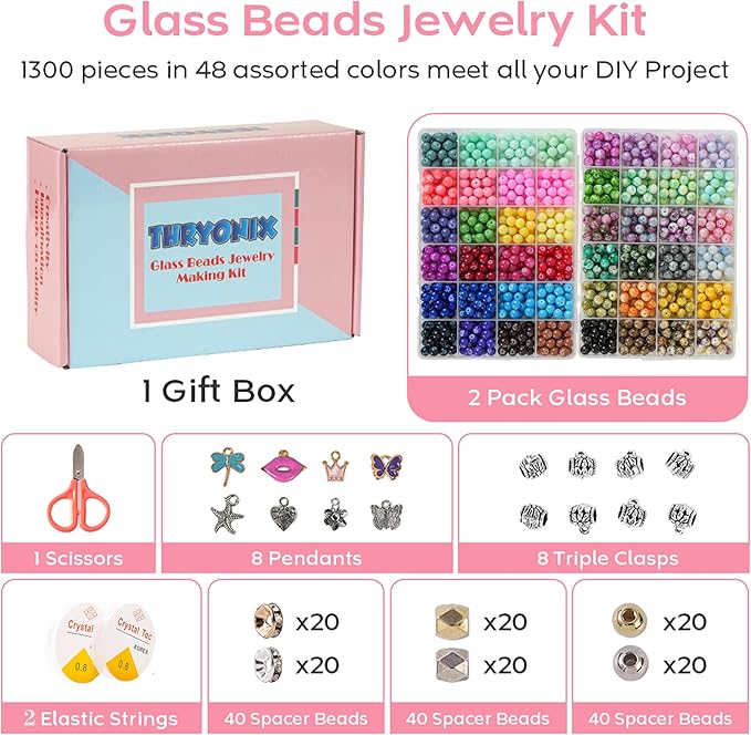Glass Beads, 1300pcs 48 Colors 8mm Round Crafts Beads for Bracelet Jewelry Making, Beadwork,Craft Supplies for Gifts & DIY Projects