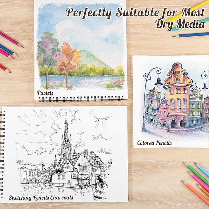 12 pack sketch book, 9 x 12 inch sketchbook, 68lb/100gsm top spiral bound sketch pad, acid free art supplies drawing painting sketching paper for kids, adults, beginners, artists (tan)