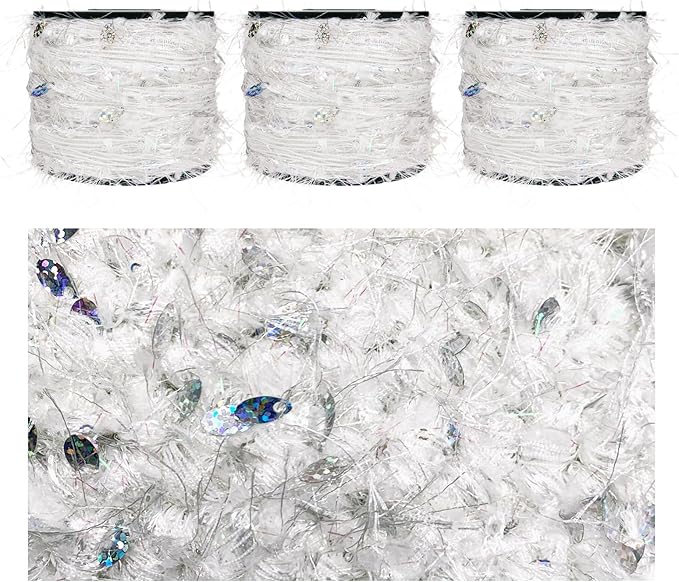 Artisanal Yarn Collection Multifiber Fancy Yarn with Iridescent Shimmering Threads & Laser Sequins for Knitting Crocheting Crafts DIY, Set of 3 Rolls (Iridescent White)