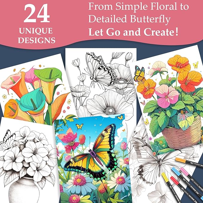 Coloring Book for Adults Relaxation, 24 Pages Adult Coloring Books for Women Stress Relief, Spiral Bound Coloring Books, Relaxing Gift for Women, Single-Sided Print Coloring Book of Fluttering Beauty
