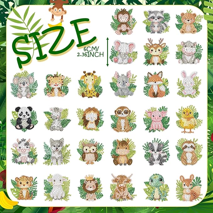 Xuhal 30 Pcs Jungle Animal Diamond Painting Magnets Safari Animal Diamond Art Magnets Kits for Adults Zoo Woodland 5D Rhinestone Refrigerator Magnetic Sticker for DIY Crafts Fridge Wildlife Gifts