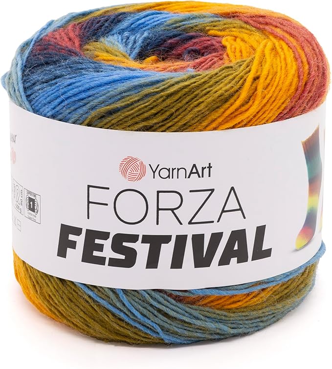 YarnArt Forza Festival Self-Striping Wool Blend Fingering Yarn, 100g (459 yd) – Gradient Color Yarn for Knitting, Crochet, Socks & Shawls (2905)