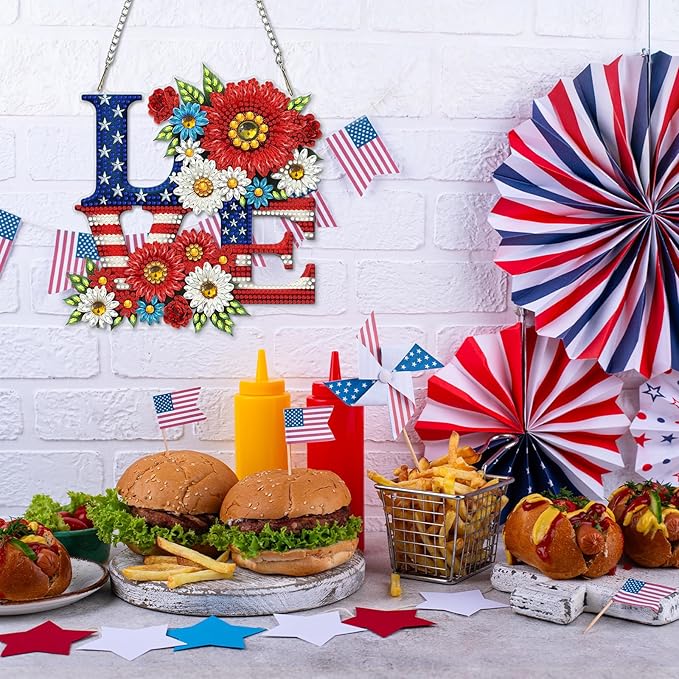 CEOVR Independence Day Hanging Diamond Art, American Flag Diamond Painting Pendant for Adults DIY Gem Art Wall Ornament, Acrylic Home Garden Decor with Chain, Box Kit 7.36×7.87inch