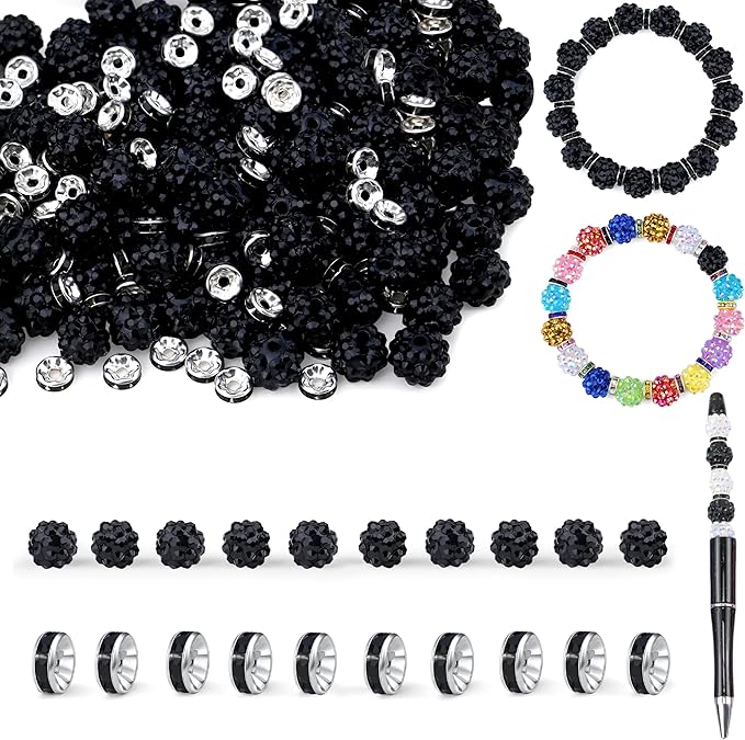 LAIDANLA 250pcs 12mm Black Rhinestone Beads and 8mm Rondelle Spacer Beads for Beadable Pens, Sparkly Shamballa Disco Ball Bead for Bracelets Necklaces Earring DIY Craft