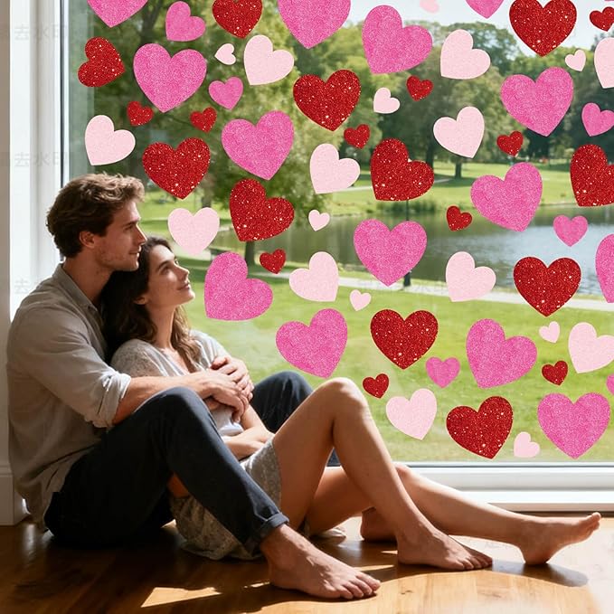 9 sheets valentines day window clings decoration, heart stickers decor for galentine's day, red pink decals for home, office, classroom, glass doors