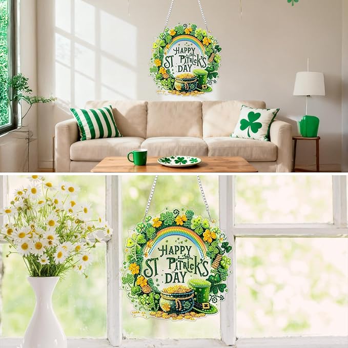 MXJSUA St. Patrick's Day Diamond Art Hanging Kits for Adults Beginners, Crystal Diamond Suncatchers, Special Shape Diamond Painting Pendant Window Ornament Gifts for Home Garden Door Wall Decor