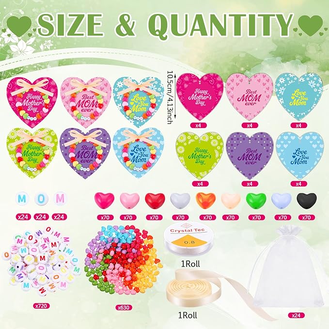 Kigeli 24 Pcs Mother's Day Craft Jewelry Bracelet Making Kit with Heart Beads, Mom Letter Beads, Organza Bags, Ribbon, Elastic Cord & Cards for DIY Bracelets