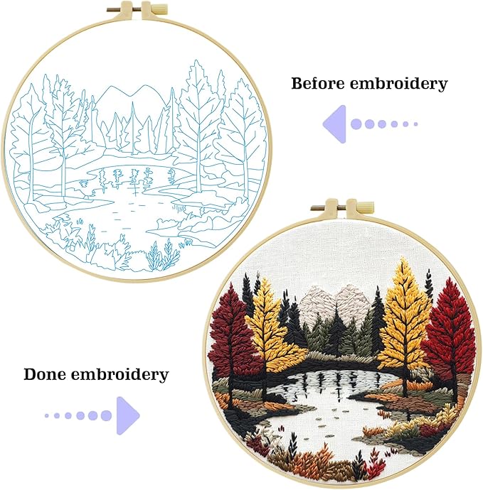 ZuoAnLF Embroidery Kit for Beginners – Complete Hand Embroidery Starter Set with Hoop, Pattern Cloth, Color Threads & Needles, DIY Embroidery Set for Relaxation, Home Décor & Unique Gifts (lakescape)