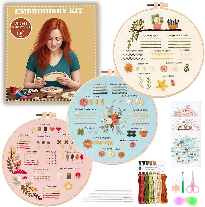 JOINRUN Beginner Embroidery Kit for Adults, 3 Pack Cross Stitch Kits with Pre-Printed Patterns, Threads, Needles, Learn Stitches with 7.8" Hoop, Video Tutorial, DIY Needlework Craft Gift for Women