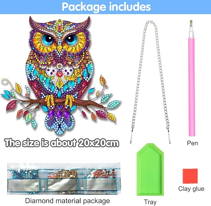 Reofrey Hanging Diamond Art Kits for Adults - 8x8 Inch Owl Animal Acrylic Board Double Sided Pattern Diamond Painting Suncatcher Pendant, Crystal Art for Home Wall or Window Decoration Handmade Gift