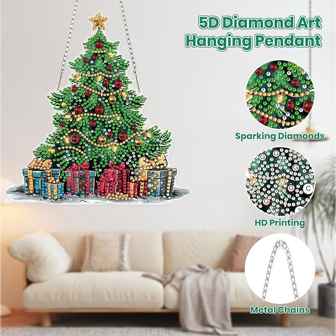 MOGTAA Christmas Diamond Art Hanging Kits for Adults Kids, Christmas Tree Diamond Art Suncatchers, 5D Special Shape Diamond Painting Gem Art for Home Garden Wall Decor