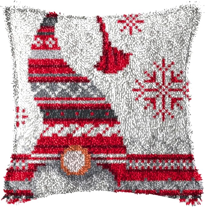 LAPATAIN Latch Hook Kits for DIY Throw Pillow Cover,Red Christmas Hat Needlework Cushion Cover Hand Craft Crochet 17x17inch