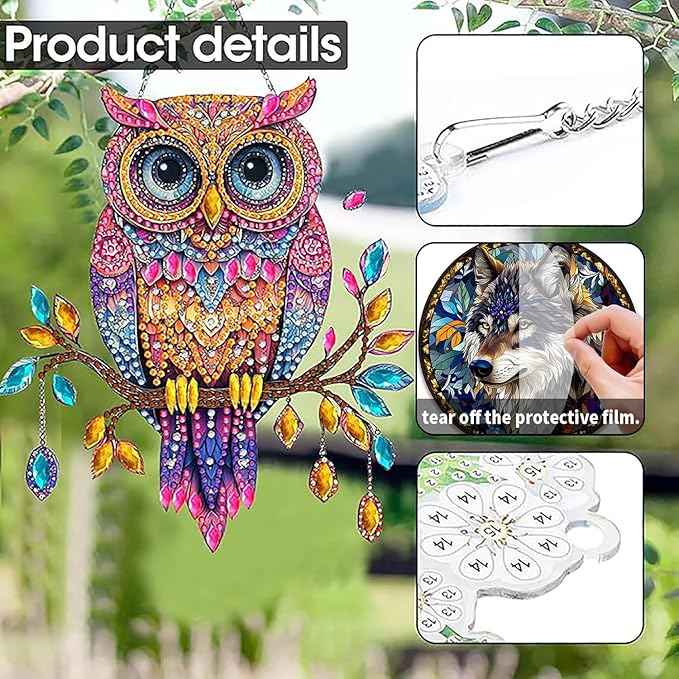 SKRYUIE Owl Hanging Diamond Art Kits for Adults Pendant Suncatcher, Special Shaped Crystal DIY Pearl Diamond Painting Kit, Gift for Mother Spring Summer Window Wreath Decor 7.49 x 6.7 Inch A30