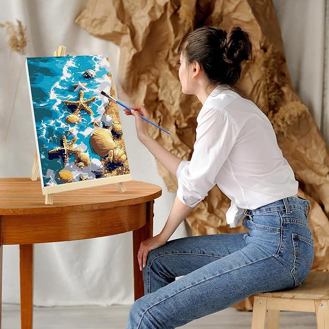 GHHKUD Starfish Paint by Numbers with Frame for Adults Beginners, DIY Seaside Landscape Paint by Numbers for Age 6-12, Art on Canvas Gifts Home Wall Decor 8x12in