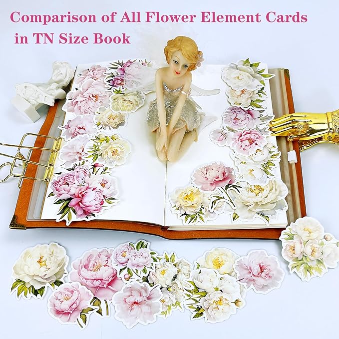 CATaireen Vintage Junk Journal Items Kit Pre Cut Paper Cards Cutout Cardstock Art Aesthetic Decor Hollow Out Craft Elements Small Embellishments Supplies for Adults Scrapbook Pack (Floral White)