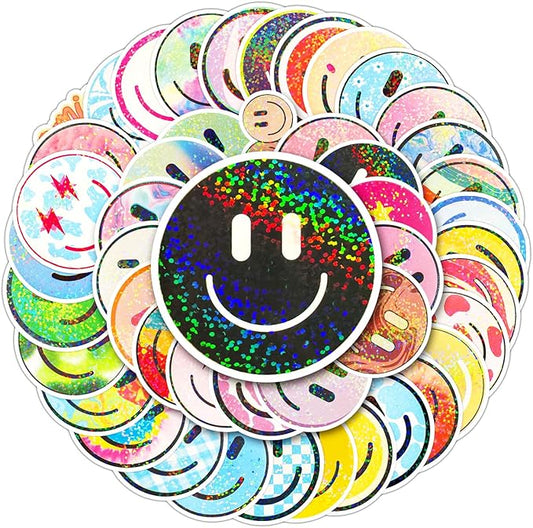 wercokt 50pcs smiling glitter stickers, cute water bottle stickers for kids, for teaching rewards, notebooks, stationery, luggage, cartoon pvc happy sticker