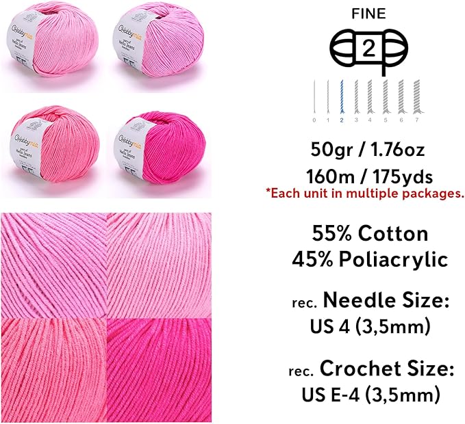 Cotton Yarn Kit - 4 Multicolor Balls Soft Sport Weight Yarn for Crochet & Amigurumi - 50g / 175yds Each & 10 Stitch Markers (H24 - Pink)