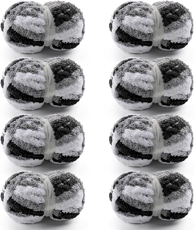 8 Pcs Chunky Yarn for Hand Knitting - Chunky Chenille Yarn for Crocheting - Fluffy Yarn for Crochet - Jumbo Yarn for Hand Knitting 25 yds 7.7 oz of Super Bulky Yarn (Black-White-Gray)