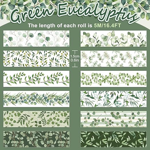 Whaline 12 Rolls Greenery Washi Tapes Watercolor Plants Eucalyptus Masking Tape 15mm Green Leaves Decorative Tape Stickers for Scrapbook Journal Planner DIY Craft Gift Wrapping, 16.4ft