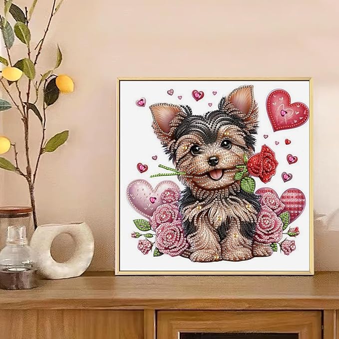AiYuanzsh 5D Special Shape Diamond Art Kits for Adults, Valentine Puppy Diamond Painting Kit with Hearts and Roses, Crystal Rhinestone Diamond Art for Wall Decor Gift, 12×12 Inch