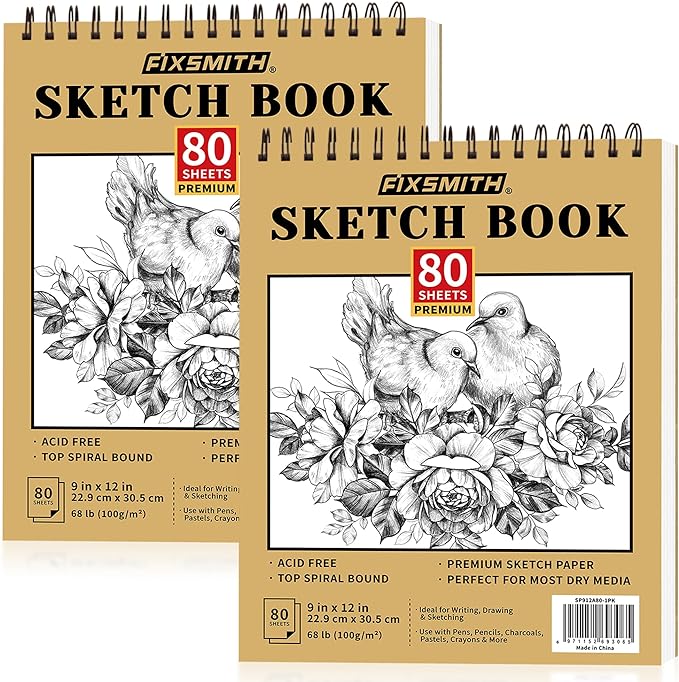 fixsmith 9"x12" sketch book | 160 sheets (68 lb/100gsm) | 2 pack sketchbooks | top spiral bound artist sketch pad | acid free drawing pad | ideal for kids,beginners,artists &painters | bright white