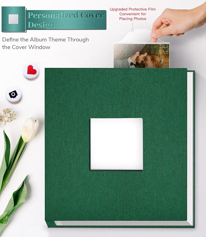 Photo Album Self Adhesive Scrapbook Album for 3x5 4x6 5x7 8x10 Pictures,120 Pages Linen Cover with Display Window DIY Photo Book,Ideal Gifts for Family Travel Wedding Baby