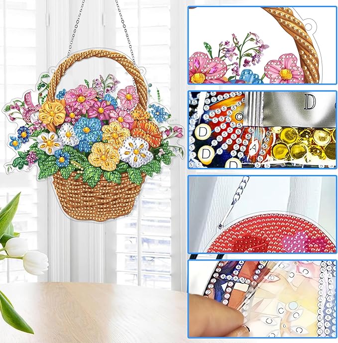 Reofrey Hanging Diamond Art Kits for Adults - 8x8 Inch Flower Acrylic Board Double Sided Pattern Diamond Art Suncatcher Pendant, DIY Crystal Art for Home Wall or Window Decoration Handmade Gift