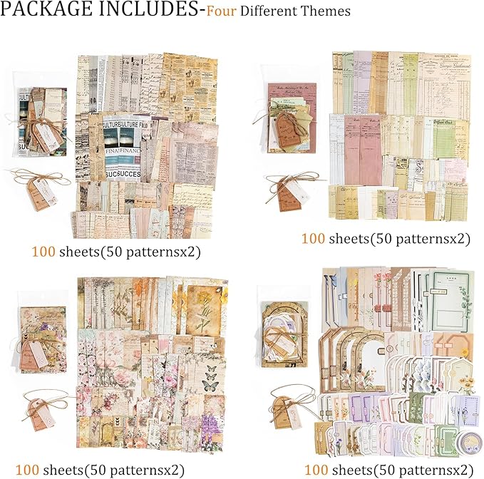 400PCS Scrapbook Supplies Kit Junk Journal Supplies Vintage Scrapbook Paper Decorative Craft Paper for Bullet Junk Journals Card Making Craft DIY