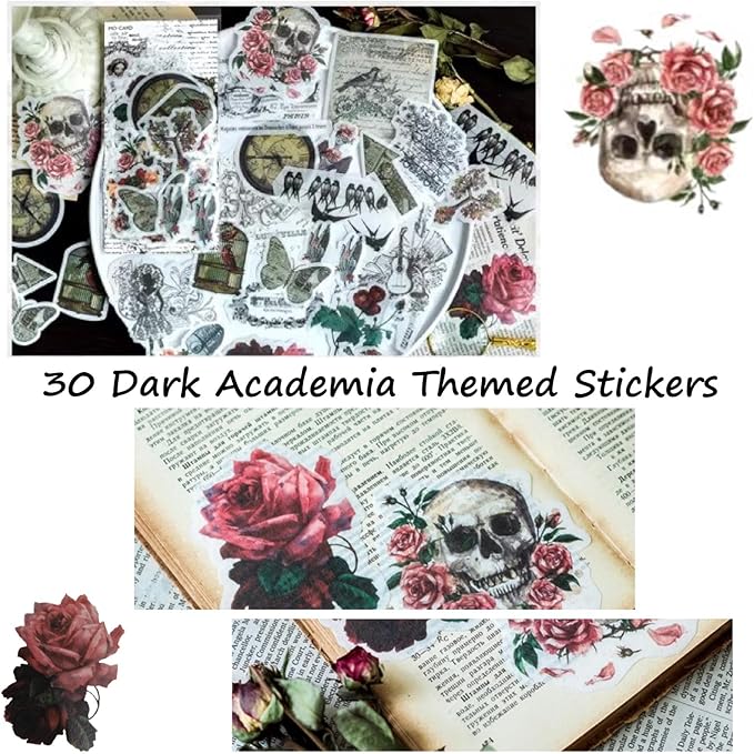 Vintage Aesthetic Scrapbook Supplies Kit with Scrapbook Paper, Stickers, Bookmarks for Scrapbooking, DIY Albums, Junk Journals, Bullet Journals, Dark Academia Aesthetic Decor (Dark2 129 Pcs)