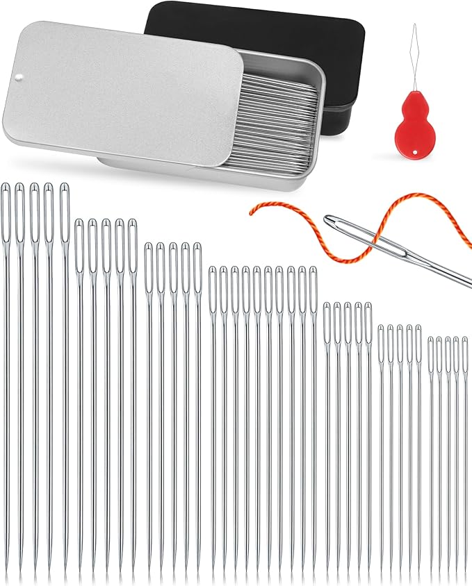 FIVEIZERO 80 PCS Large Eye Sewing Needles, Two 7 Sizes Sewing Sharp Needles, Leather Needle Embroidery Thread Needle, Stainless Steel Yarn Knitting Needles with Threaders for Handsewing Art Crafts