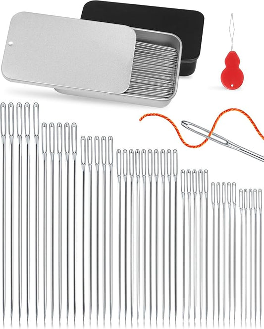 FIVEIZERO 80 PCS Large Eye Sewing Needles, Two 7 Sizes Sewing Sharp Needles, Leather Needle Embroidery Thread Needle, Stainless Steel Yarn Knitting Needles with Threaders for Handsewing Art Crafts