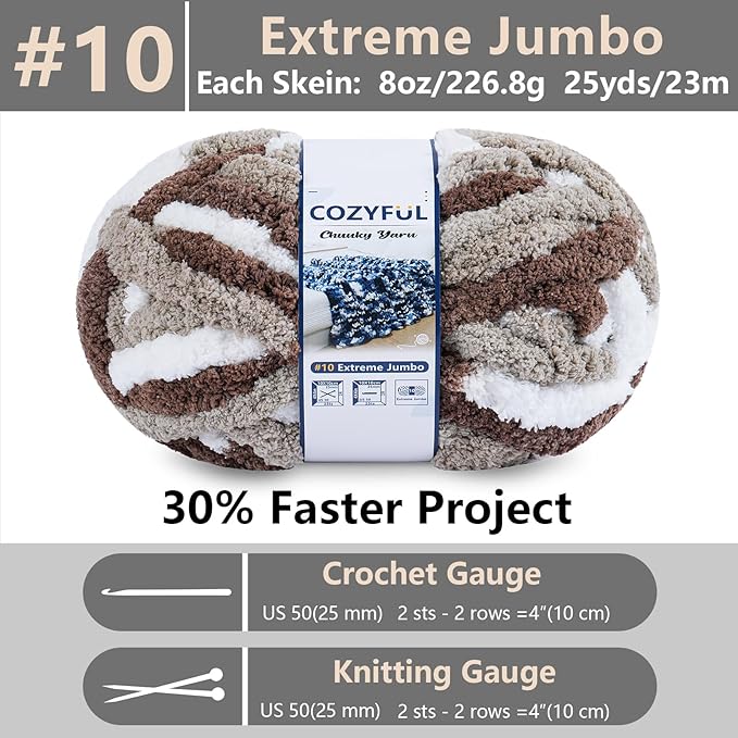 Chunky Yarn for Hand Knitting - #10 Chunky Chenille Blanket Yarn, Jumbo Big Thick Chunky Yarns for Crocheting, Tie Dye Bulky Knit Yarns, 8 Skein (25 yds 8 oz Each Skein), Multi Coffee & White