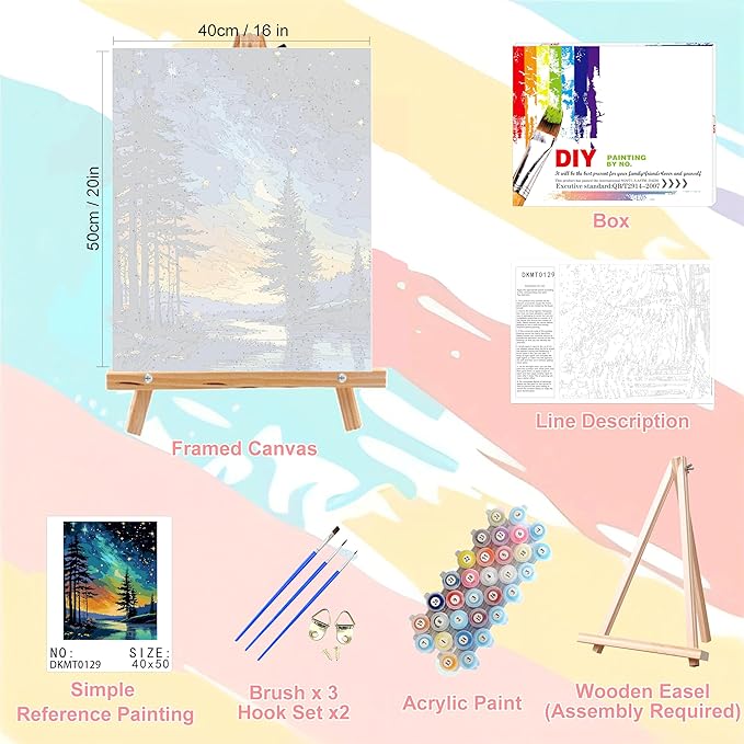 Starry Sky Paint by Numbers for Adults with Framed Canvas-with Wooden Easel,Landscape Paint by Number on Canvas,DIY Acrylic Oil Painting Kits with Brushes Nice Gift Box for Home Wall Decor(16x20inch)