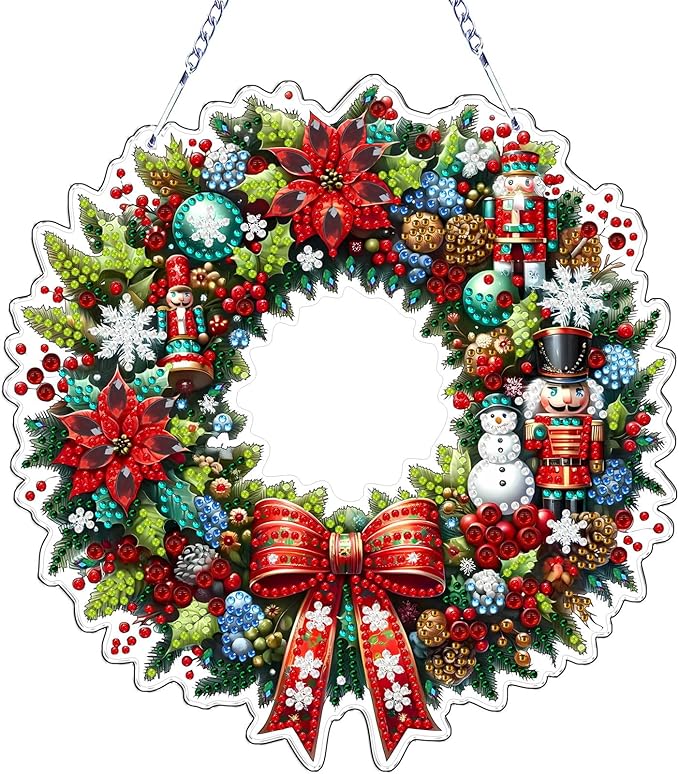 VODAPYC Christmas Wreath Diamond Art Hanging Kit for Adults, DIY Double Sided Special Shaped Diamonds Art Window Pendant Ornament for Home Decor(Christmas Wreath-2)