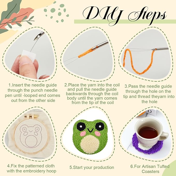 Preboun 8 Pcs Frog Punch Needle Coaster Kit, Punch Needle Embroidery Kits for Adults Beginners, 8 Colors Frog Punch Needle Set Punch Needle Supplies Including Yarns Hoop Tools