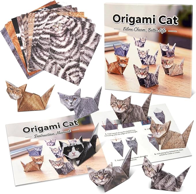 56 Sheets Origami Paper Cats with Guideing Manual & Video, Easy to Fold DIY Craft Kits for Adults, Origami Kit for Kids Ages 8-12, Fun Craft Desk Decoration & Creative Gifts for Cat Lovers