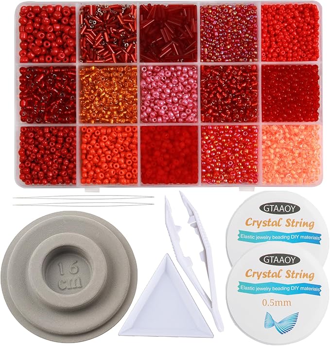 GTAAOY Mix 15 Color Glass Seed Beads, Glass Bugle Beads Tube Beads, Bracelet Bead Boards, Tweezers,Elastic Sting for Jewelry Making(Mix Size,Red)