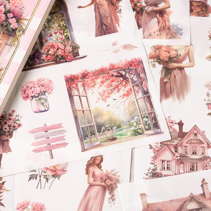 Garden Journaling Stickers, 50 Sheets Washi Junk Journal Sticker Book, Scrapbook Supplies, Watercolor Scrapbooking for Adults, Pink Decorative Ephemera Arts Craft