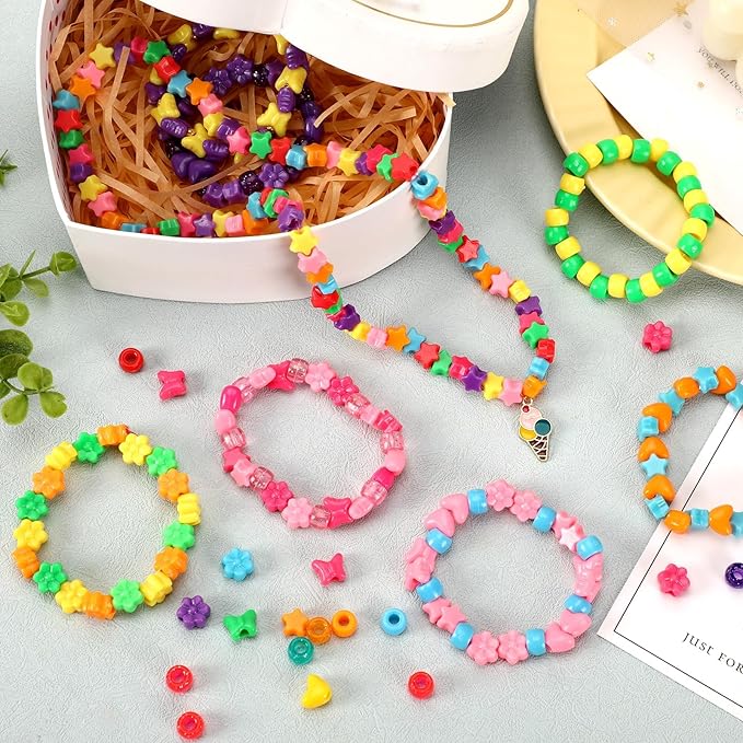 UPINS 1200 Pcs Colored Shaped Pony Beads -Large Perforated Assorted Heart Flower Star Butterfly Beads for Pipe Cleaners Friendship Bracelets Necklace for Classroom Crafts Screen-Free Fun for Kids