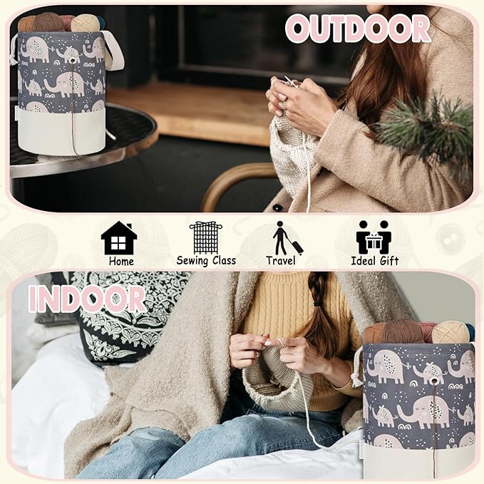 Yarn Bag, Large Crochet Bag Organizer, Drawstring Yarn Storage Knitting Bags, Portable Mini Yarn Holder for Crocheting Project, Skein Ball, Needles Accessories (Elephant Grey, Extra Large)