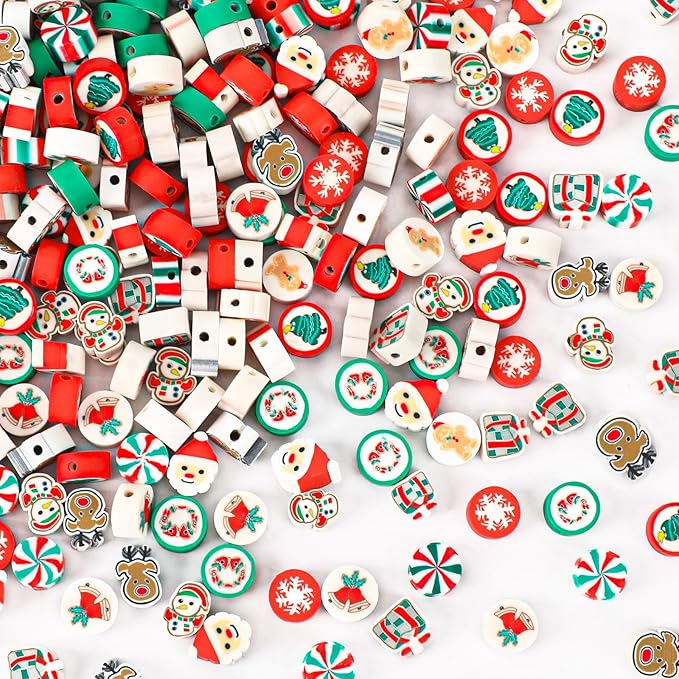 Augshy Christmas Polymer Clay Beads, 300PCS Xmas Heishi Spacer Assorted Santa Claus Snowflakes Snowman Gingerbread Man for Bracelet Necklace Jewelry Making