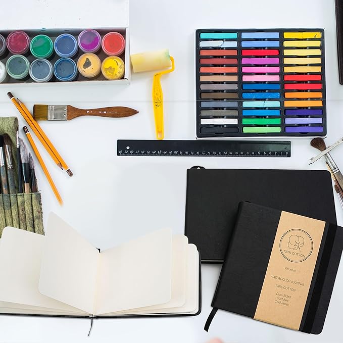 Vienrose Watercolor Sketchbook 2 Pack, 3.5"x5.5" Watercolor Journal with 24 Sheets 48 Pages 140 LB (300 GSM) Cotton Watercolor Paper, Black Leather Cover Water Coloring Sketch Book As Travel Notebook